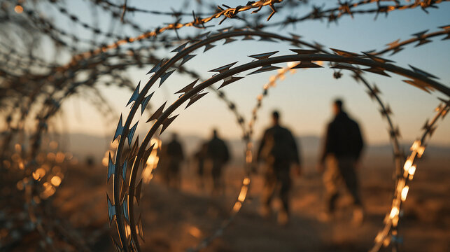 Border Patrol at Dawn: Silhouettes of border patrol agents move through rugged terrain.