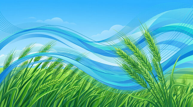 A vibrant green field of wheat under a bright blue sky with flowing waves of blue. The image depicts a stylized, harmonious landscape with the elements of nature