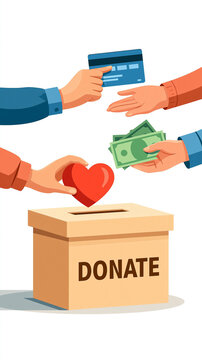 Giving Back with Generosity: Hands offer a heart, cash, and credit card to a donation box, symbolizing the spirit of charitable giving and support for a good cause.