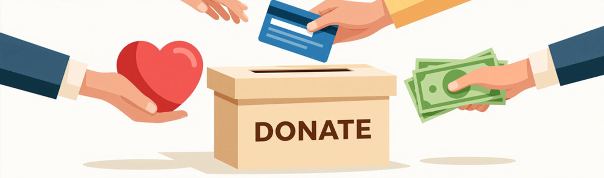 Donation Box Appeal: Hands extend from various directions, offering a heart symbol, a credit card, and cash towards a donation box, symbolizing generosity and charitable giving.