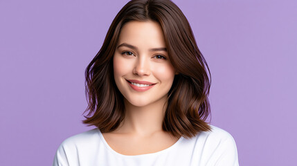 Fototapeta premium Smiling young woman lavender studio portrait brown hair white shirt soft light beauty face front view isolated background