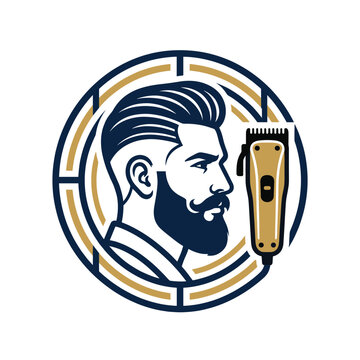 Professional barber shop logo design featuring a stylish man with beard and hair clipper.