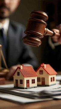 Real Estate Law Verdict: A judge's gavel poised above miniature houses signifies a legal decision in property dispute. Capturing the essence of justice in real estate matters