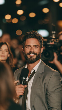 Red Carpet Ready: A handsome man with a beard smiles confidently into the camera, holding a microphone as he is interviewed on a red carpet event, surrounded by the blur of paparazzi and fans.