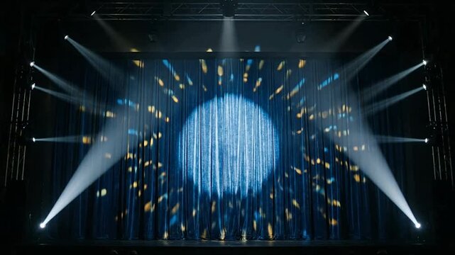 Dynamic stage with vibrant blue and gold digital effects and lighting