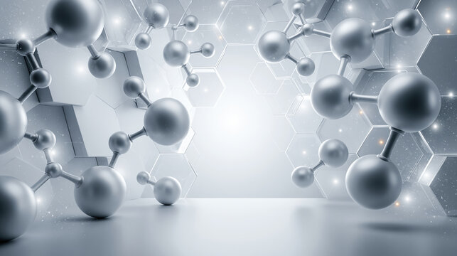 Futuristic molecular structure biotech science background silver sphere network hexagon pattern light abstract scene glowing laboratory space modern chemistry concept metallic connection 3d render