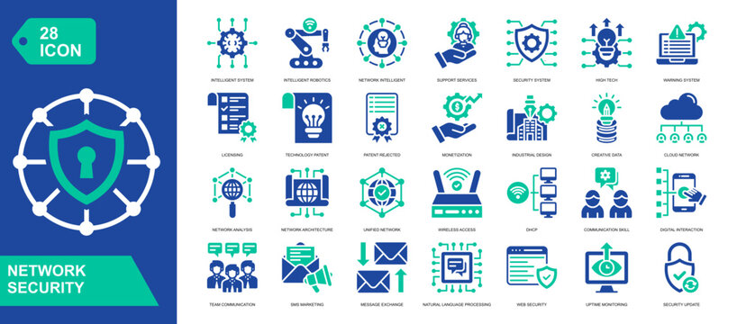 Network Security Solid Icon Set. Featuring network architecture, cybersecurity, wireless access, cloud networks, and digital communication. Vector icons for IT systems and security platforms.