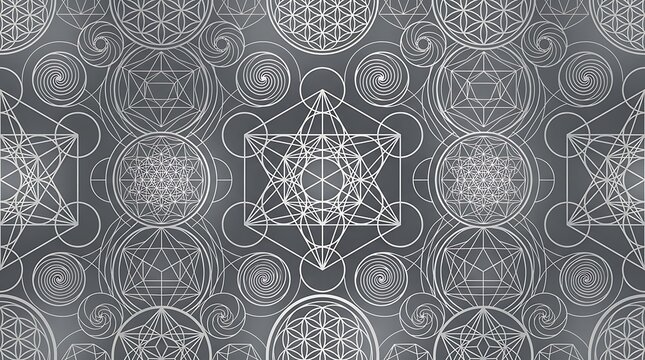 Sacred geometry seamless pattern with white lines on gray background