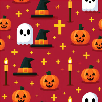 Seamless halloween pattern with pumpkin, ghost, witch hat, candle, red background, festive repeat design for holiday decor and fabric