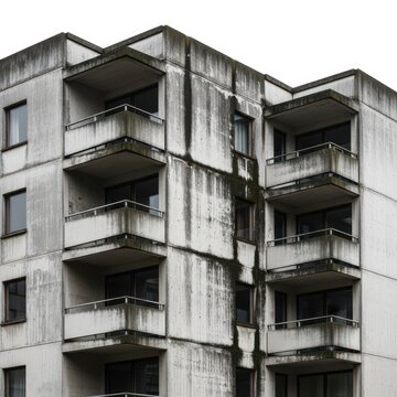 Brutalist concrete apartment building with weathered facade. Grungy urban residential block with balconies. Dilapidated social housing architecture.