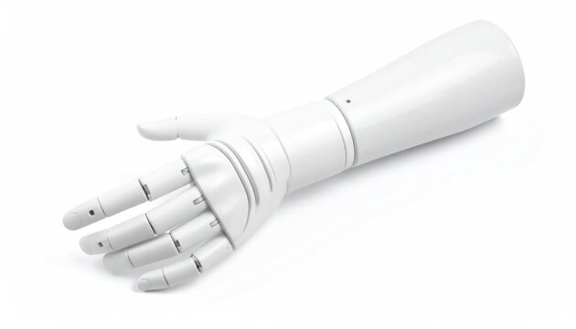 A white prosthetic arm with articulated fingers, lying diagonally against a white backdrop