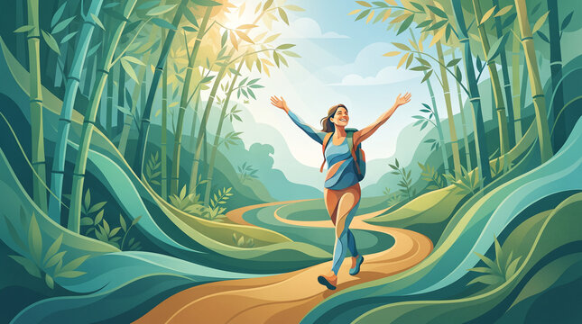A woman hiking through a vibrant bamboo forest, her arms outstretched in a gesture of freedom and joy. Sunlight streams through the trees, illuminating the winding path ahead