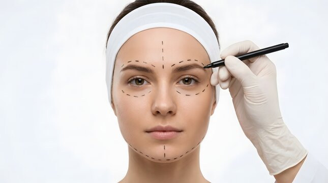 A female face undergoes precise cosmetic procedure mapping with a medical professional using a white background for clarity