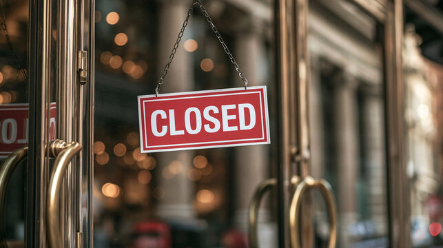 Storefront Closure: A red CLOSED sign hangs on the glass door of a retail establishment, signaling that it is not currently open for business.