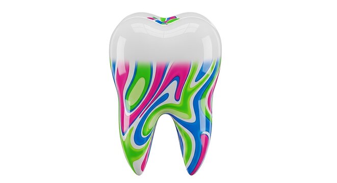 A3d rendered tooth model featuring a colorful, swirling, marbled pattern of pink, blue, and green, isolated on a clean white background