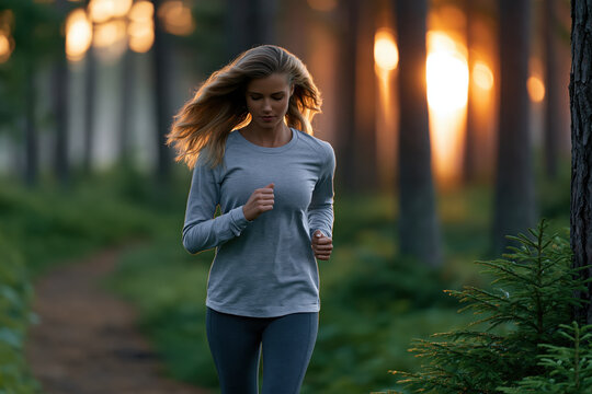 Young woman jogging in forest at sunset with soft natural light and golden hour glow, serene outdoor fitness scene