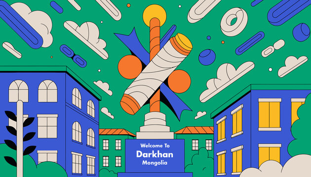 Welcome to Darkhan Mongolia Sign with Abstract Geometric Shapes and Stylized Buildings