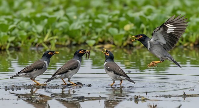Common Myna birds feeding in shallow water, group of starlings foraging in a wetland, wild birds with insects in beaks