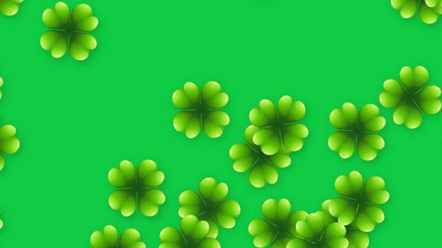 Animated Four Leaf Clovers Floating Over Solid Green Background