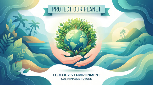 Protect Our Planet graphic with a globe held by hands in lush foliage, surrounded by wavy ocean and tropical islands.