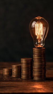 Bright Idea Investment: An illuminated incandescent lightbulb rests atop a stack of coins, symbolizing the power of a bright idea and profitable investment.