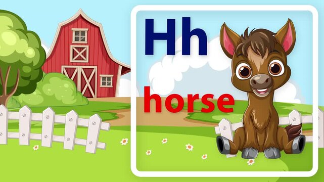 Educational Alphabet Animation Featuring Letter H and Cartoon Horse on Farm