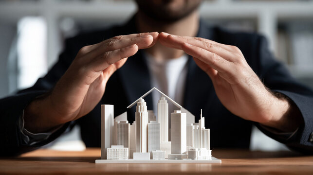 Urban Planning and Protection: A businessman's hands hover protectively over a miniature city skyline, symbolizing urban development, real estate investment, and secure future planning.