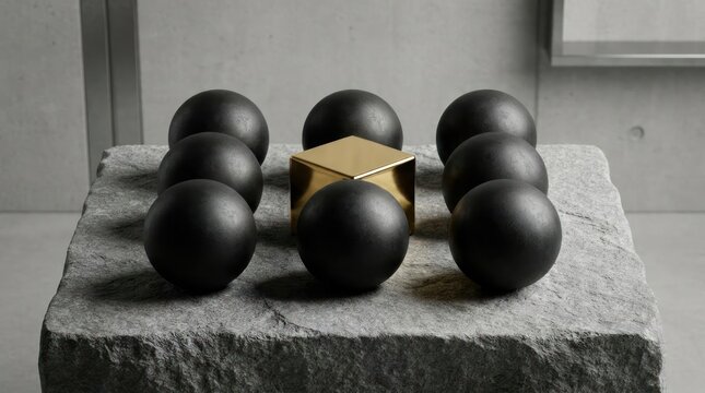 Black spheres surrounding a gold cube on stone pedestal.