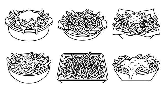 Loaded French Fries and Poutine Dish Varieties Vector Line Art Icon Set for Fast Food Menus, Pub Snacks, and Restaurant Branding Graphics