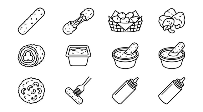 Deep Fried Appetizers and Mozzarella Cheese Stick Vector Icon Set with Dipping Sauces for Fast Food Menus, Bar Snacks, and Restaurant Branding