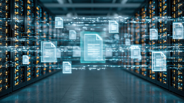Data center corridor server rack digital file cloud computing data storage network connection futuristic technology information flow glowing icon blue light server room high speed data transfer