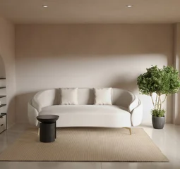 Fotobehang Japandi Neon signage mockup on beige wall above cream sofa in modern minimalist living room  © alfat