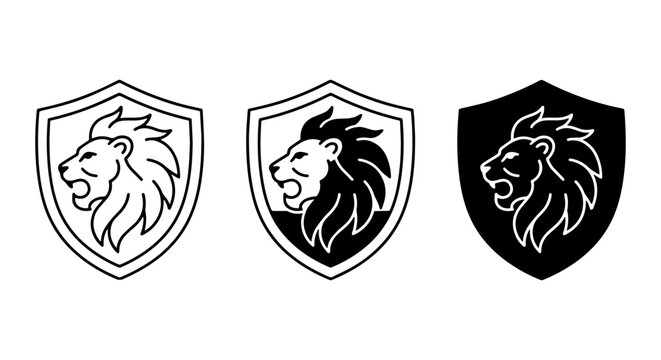 Lion Head Shield Emblems, Vector Icons Set, Heraldic Crest Symbols, Majestic Animal Graphics
