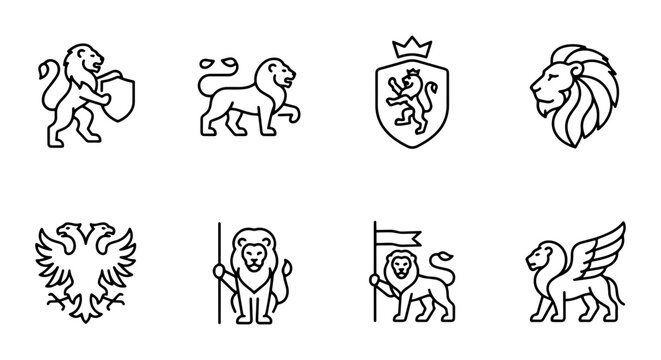Heraldic Lion and Eagle Icons, Royal Crest Symbols, Vintage Emblem Vector Set