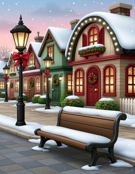 Christmas village snowy street festive house winter night lamp post bench holiday decoration pastel illustration glowing light residential neighborhood