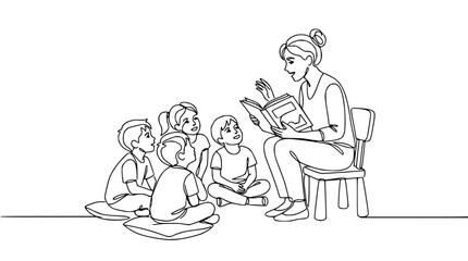 Teacher Reading Book to Children Sitting on Floor Isolated