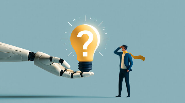 AI Innovation: A robot arm extends a glowing light bulb with a question mark inside, symbolizing a new idea or innovation, to a pensive man.