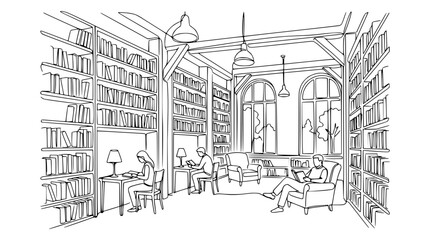 Fototapeta premium Cozy library interior with people reading books among shelves, hand-drawn sketch