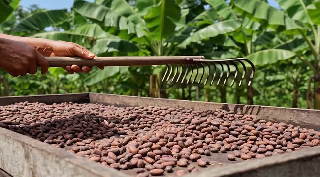 farmer raking raw cacao beans on a wooden drying tray, sustainable harvest, agricultural production, fair trade farming
