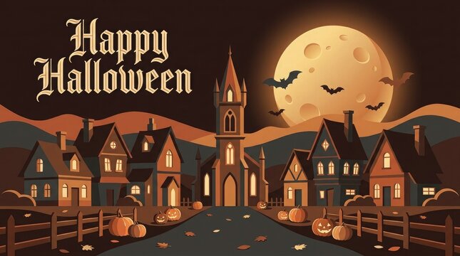 Spooky haunted town with a full moon for a festive halloween background and a creative halloween banner design