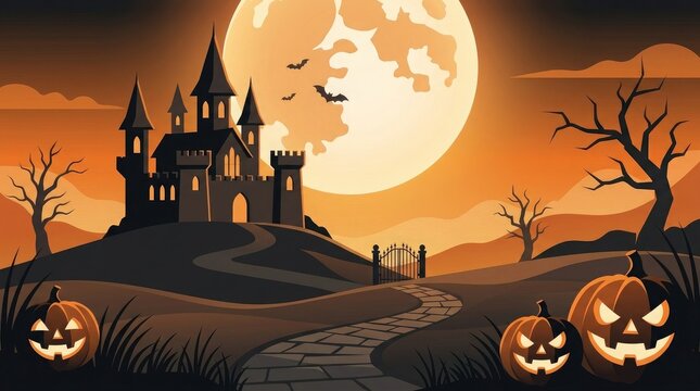 Spooky haunted castle under a full moon for a festive halloween background and creative halloween banner design project