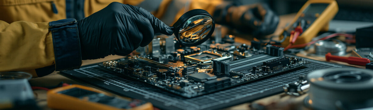 Detailed Inspection of a Circuit Board: A technician wearing black gloves uses a magnifying glass to closely examine a complex circuit board, surrounded by various electronic testing equipment.
