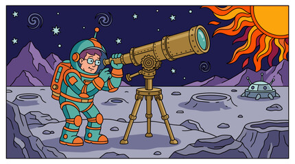Astronaut with telescope on moon surface, observing sun and stars, flat design illustration © risma