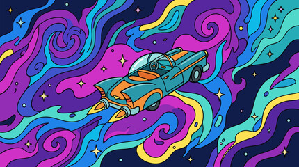 Obraz premium Retro futuristic flying car with jet engines navigating a colorful cosmic nebula with stars, flat design illustration