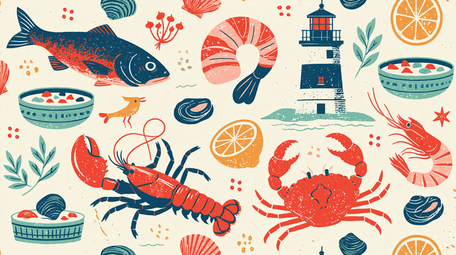 Seafood illustration with fish lobster crab shrimp lemon clam and lighthouse in colorful sketchy style evoking fresh and coastal feeling