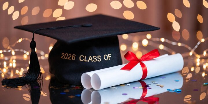 Class of 2028 graduation mortarboard cap and diploma scroll with red ribbon, graduation