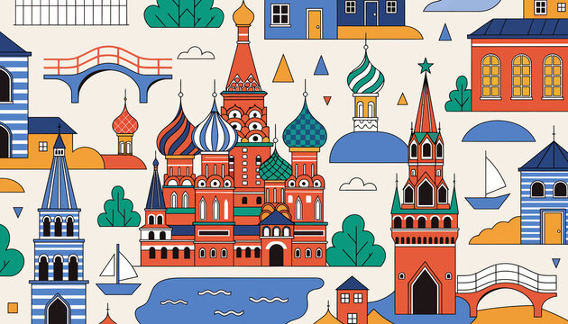 Vibrant Moscow Skyline Flat Design: St. Basil's Cathedral, Kremlin, Bridges, Boats, and Buildings