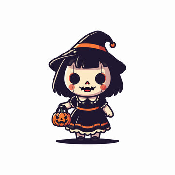 Cute chibi girl in witch costume with skull makeup holding a Halloween pumpkin bucket.