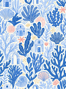 Seamless repeating pattern with blue coral, seashell, starfish, and Mediterranean style house elements creating calming oceanic and coastal atmosphere in soft pastel colors