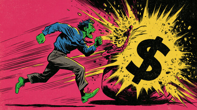 The Greed Race: A green-skinned man sprints wildly, hands outstretched, towards a bursting sack emblazoned with a dollar sign.